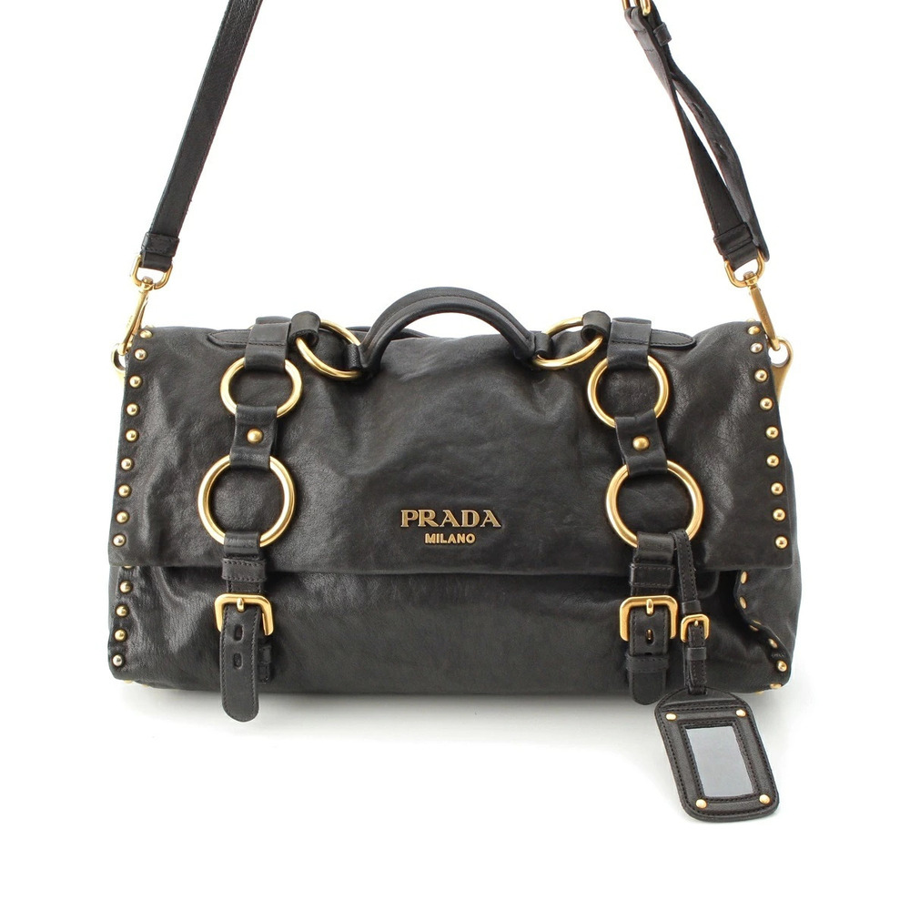 Prada Leather Studded 2way Shoulder Bag Black